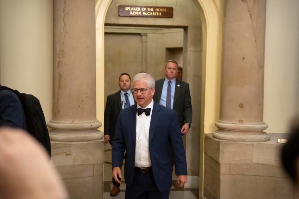 Speaker of the House pro tempore Rep. Patrick McHenry, R-N.C., leaves the Speaker's office to go the floor of the House on Capitol Hill, Wednesday, Oct. 4, 2023 in Washington.