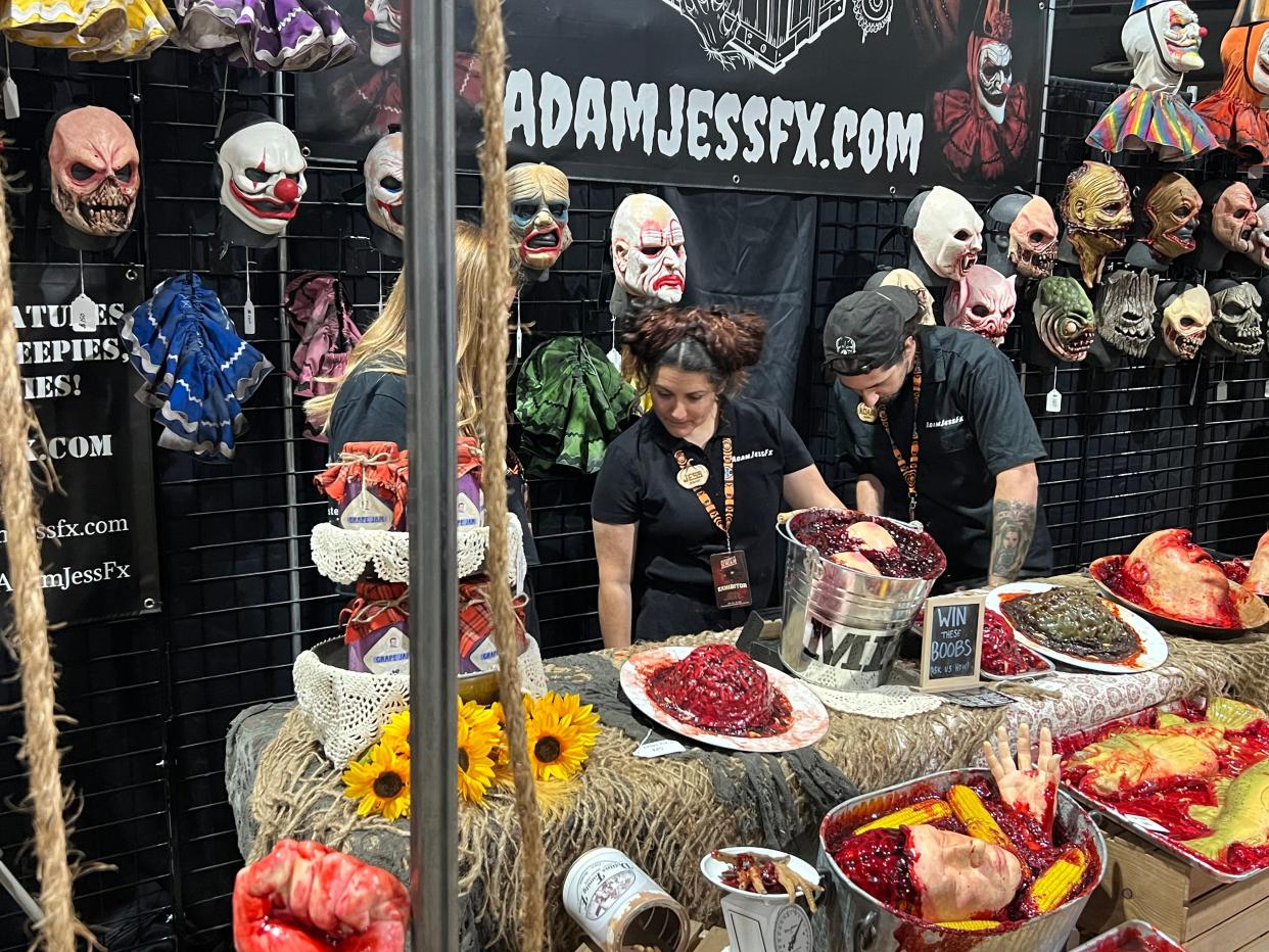 Former haunted house scare actors Adam and Jess Dollins now run a business selling Halloween props.