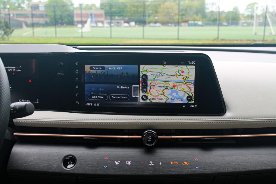 The infotainment screen of the 2023 Nissan Ariya Empower+ SUV.