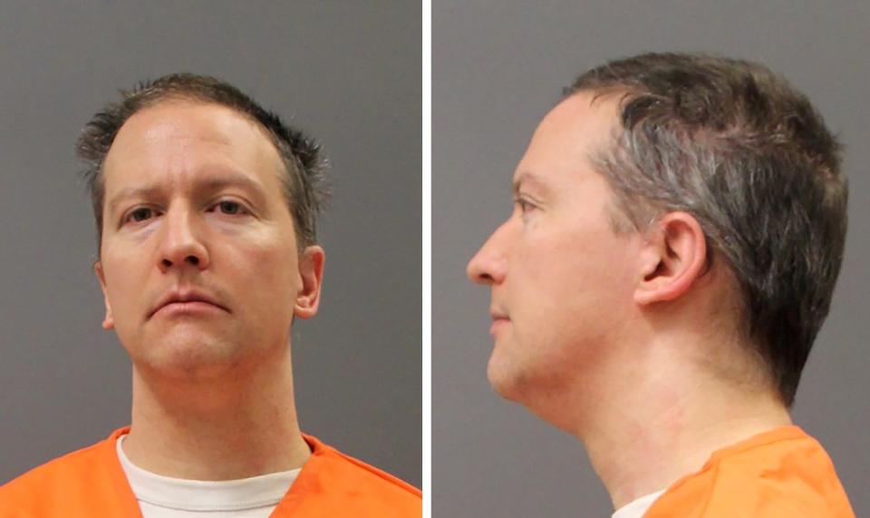 <p>FILE PHOTO: Former Minneapolis Police Officer Derek Chauvin is shown in a combination of police booking photos after a jury found him guilty on all counts in his trial for second-degree murder, third-degree murder and second-degree manslaughter in the death of George Floyd in Minneapolis, Minnesota, U.S. April 20, 2021. </p> (Minnesota Department of Corrections)