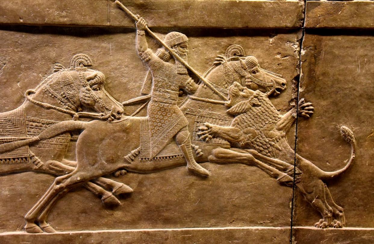 <span class="caption">Ancient military innovations – like the bit and bridle that enabled mounted horseback riding – changed the course of history.</span> <span class="attribution"><a class="link " href="https://commons.wikimedia.org/wiki/Category:Assyrian_reliefs_in_the_British_Museum#/media/File:Assyrian_king_Ashurbanipal_on_his_horse_thrusting_a_spear_onto_a_lion%E2%80%99s_head._Alabaster_bas-relief_from_Nineveh,_dating_back_to_645-635_BCE_and_is_currently_housed_in_the_British_Museum,_London.jpg" rel="nofollow noopener" target="_blank" data-ylk="slk:Osama Shukir Muhammed Amin/British Museum via WikimediaCommons;elm:context_link;itc:0;sec:content-canvas">Osama Shukir Muhammed Amin/British Museum via WikimediaCommons </a>, <a class="link " href="http://creativecommons.org/licenses/by-nc/4.0/" rel="nofollow noopener" target="_blank" data-ylk="slk:CC BY-NC;elm:context_link;itc:0;sec:content-canvas">CC BY-NC</a></span>