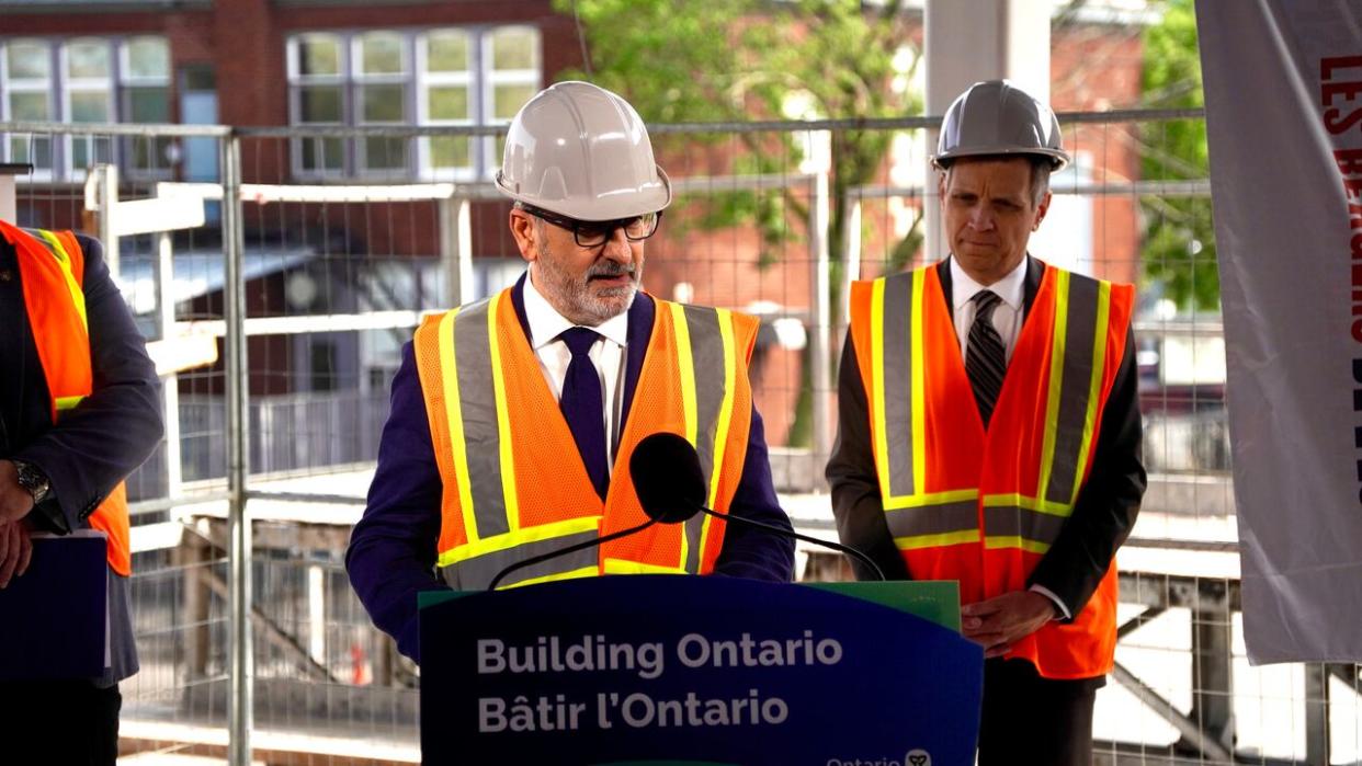 Ontario Housing Minister Paul Calandra made a funding announcement with Ottawa Mayor Mark Sutcliffe on May 22, 2024, the morning after Calandra met with his federal counterpart.  (Patrick Louiseize/CBC - image credit)