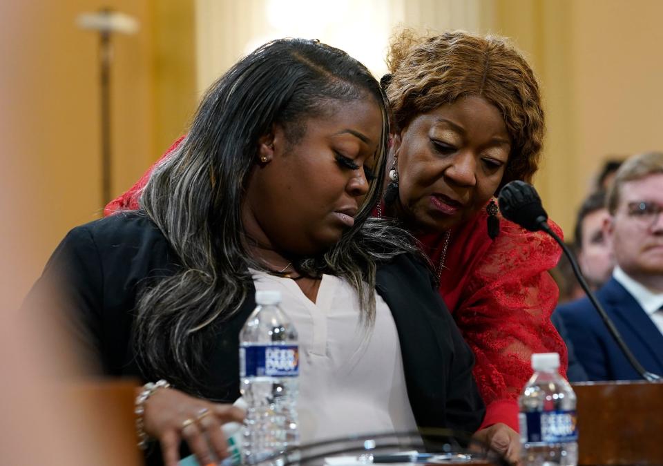 Jun 21, 2022; Washington DC; Wandrea "Shay" Moss, a former Georgia election worker, with her mother Ruby Freeman during the public hearing of the committee to investigate the January 6 attack on the United States Capitol. Mandatory Credit: Jack Gruber-USA TODAY