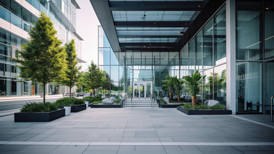 A modern REIT building with a bright and inviting entrance.