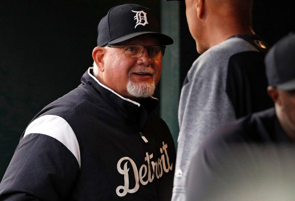 Detroit Tigers manager Ron Gardenhire smiles in the dugout during the fourth inning against the Kansas City Royals at Comerica Park on Sept. 22, 2018.