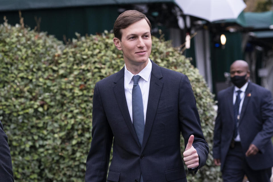 White House senior adviser Jared Kushner gives thumbs up as he walks back to the West Wing after a television interview at the White House, Monday, Oct. 26, 2020, in Washington. (AP Photo/Alex Brandon)