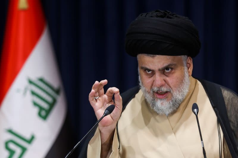 Iraqi Shi'ite cleric Muqtada al-Sadr speaks after preliminary results of Iraq's parliamentary election were announced