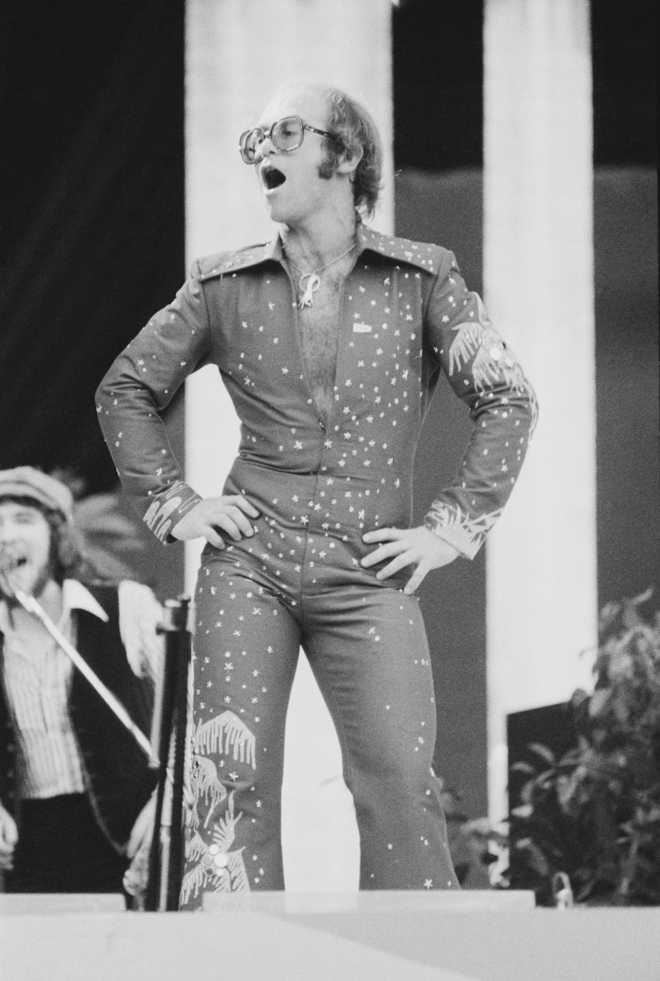 John performs at the Midsummer Music one-day festival at Wembley Stadium in London, June 1975.&nbsp;