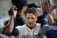 Sep 18, 2017; San Diego, CA, USA; San Diego Padres right fielder Hunter Renfroe (10) is congratulated after hitting a three run home run during the first inning against the Arizona Diamondbacks at Petco Park. Mandatory Credit: Jake Roth-USA TODAY Sports