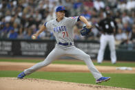 Chicago Cubs starter Keegan Thompson delivers a pitch during the first inning of a baseball game against the Chicago White Sox at Guaranteed Rate Field, Saturday, May 28, 2022, in Chicago. (AP Photo/Paul Beaty)