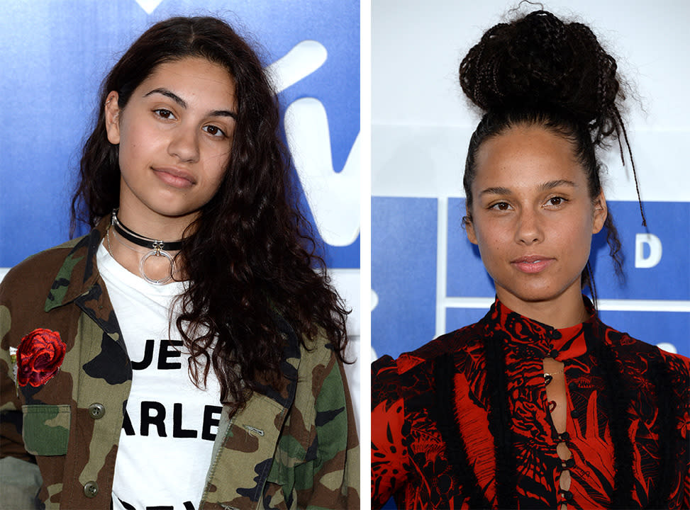 Alessia Cara, left, and Alicia Keys, right, rocking the no-makeup look at the VMAs. (Photos: Getty Images)