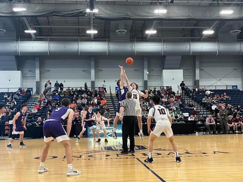 West Canada Valley and Sackets Harbor go for the opening tip in the Section III Class D semifinal on February 25, 2022 at SRC Arena in Syracuse. Sackets Harbor won 68-63.