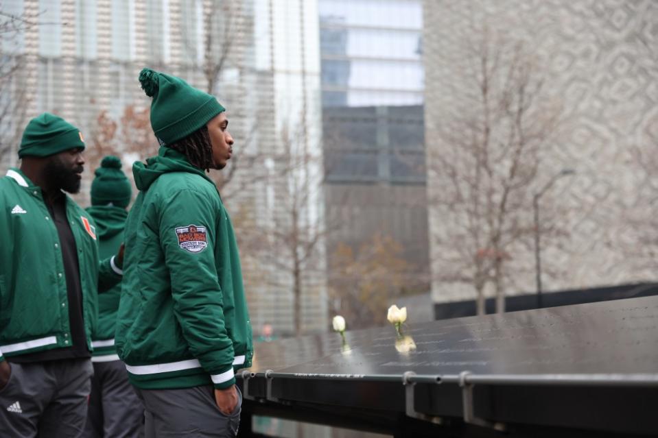 Rutgers football and the Miami Hurricanes visit One World Observatory and then visited the 9/11 Memorial and Museum. Photos via the New York Yankees and the Bay Boy Mowers Pinstripe Bowl.