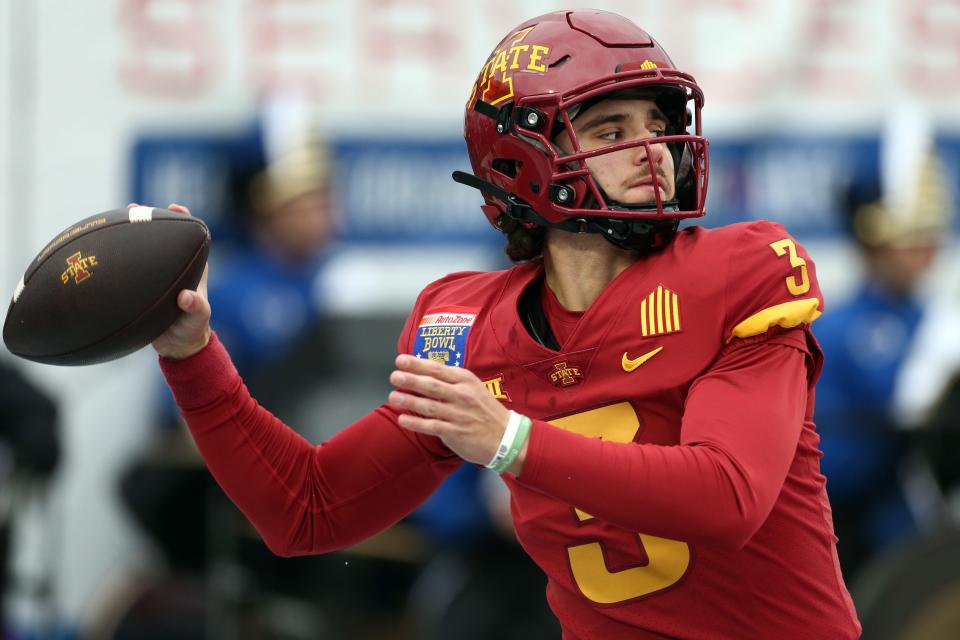 Iowa State quarterback Rocco Becht passes the ball during warm-ups on Friday at the Liberty Bowl in Memphis, Tenn. Becht passed for 446 yards but the Cyclones lost to Memphis 36-26.