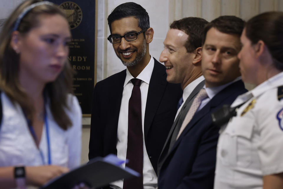 Google CEO Sundar Pichai and Meta CEO Mark Zuckerberg visit before attending the “AI Insight Forum” outside the Kennedy Caucus Room in the Russell Senate Office Building on Capitol Hill.