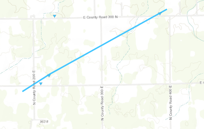 The path of a confirmed tornado during March 31, 2023, storms near Portland, in Jay County.