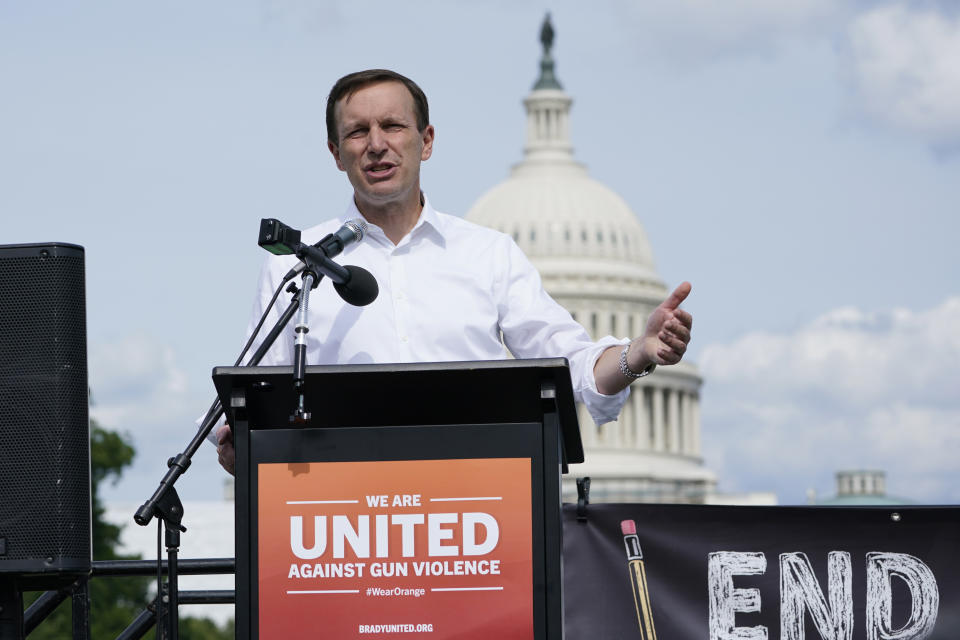 Sen. Chris Murphy, D-Conn., speaks during a rally near Capitol Hill in Washington, Friday, June 10, 2022, urging Congress to pass gun legislation. (AP Photo/Susan Walsh)