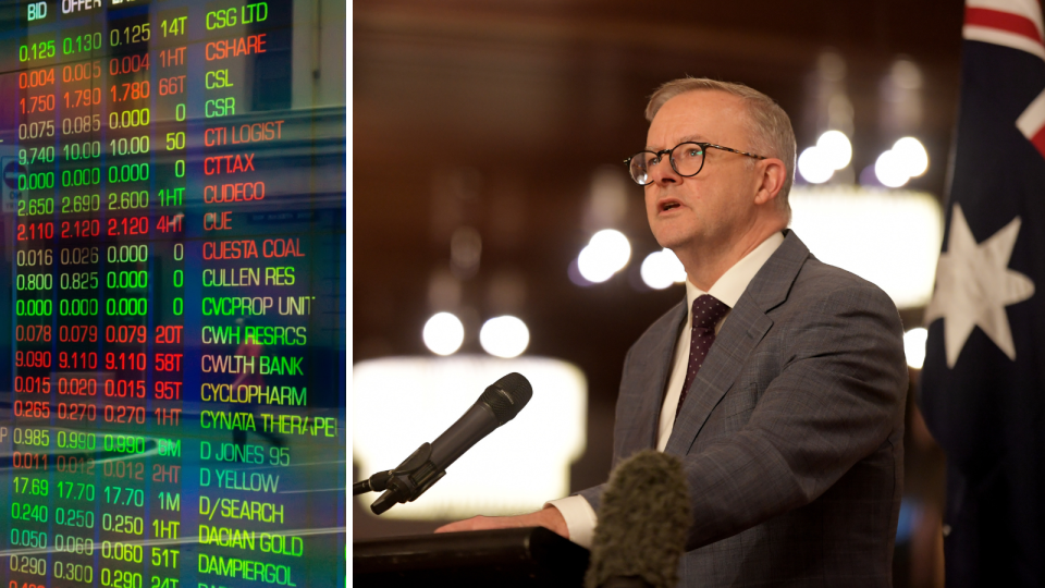 The ASX board showing company price changes and Prime Minister Anthony Albanese.