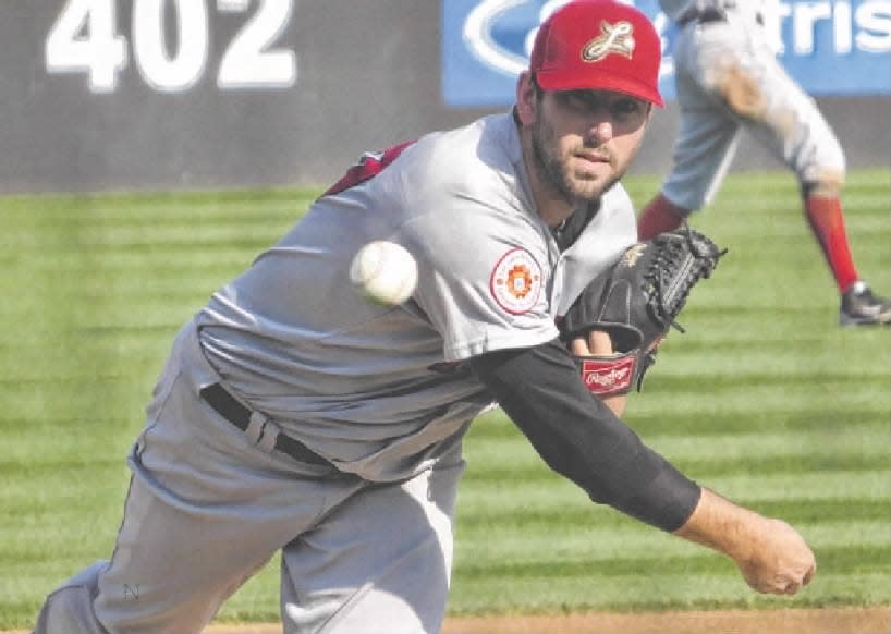 Lancaster Barnstormers starter Will Savage throwing a pitch in Game 1 of the doubleheader against the Somerset Patriots.