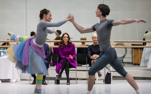 The Duchess of Cambridge watches Royal Ballet Principal Dancers Lauren Cuthbertson and Vadim Muntagirov rehearsing The Two Pigeons  - Credit: Heathcliff O'Malley