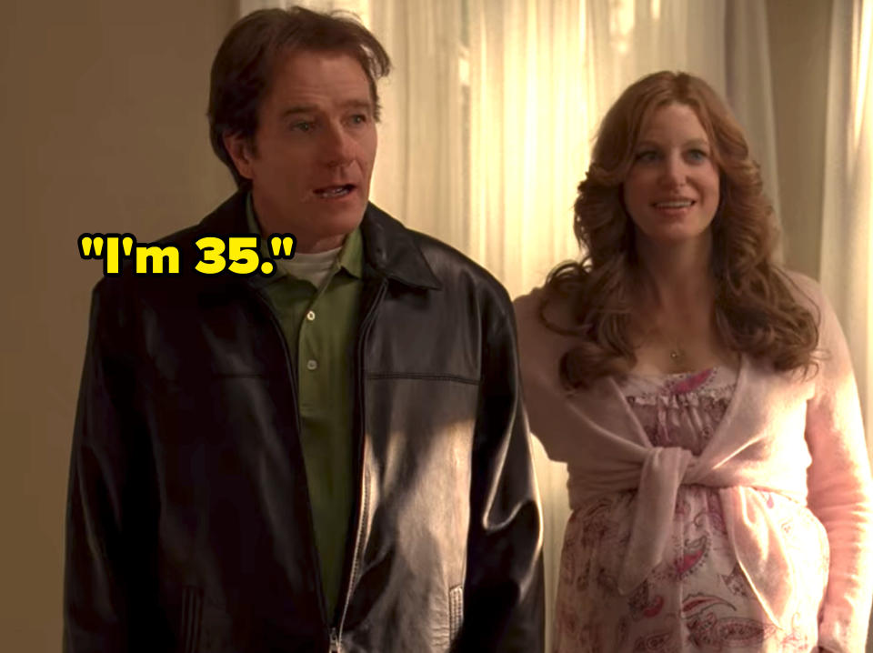 Walt and Skyler are in wigs and younger-looking clothes in a pretty failed attempt to make them look 15-20 years younger. The caption next to Walt's extremely middle-aged looking face says "I'm 35"