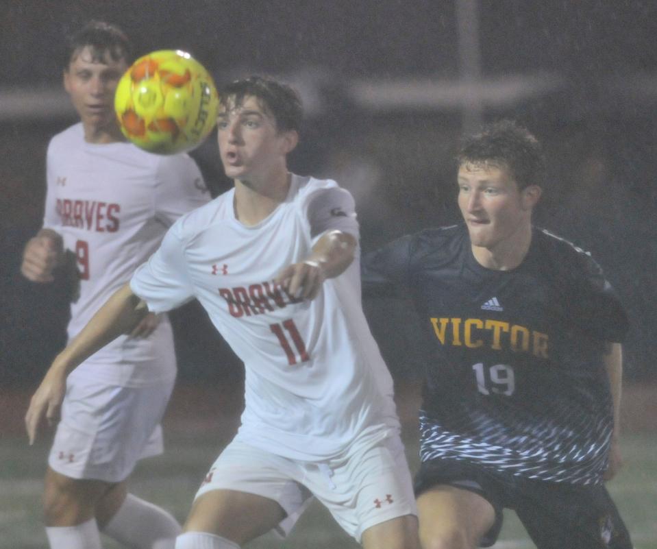 Canandaigua's Zane Mullally (11) tries to settle the ball in front of Victor's Dom Pezzimenti during Monday's match.