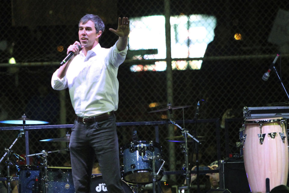 FILE - In this Feb. 11, 2019 file photo former Democratic Rep. Beto O'Rourke speaks to a crowd inside a ball park inside the El Paso County Coliseum in El Paso, Texas. A growing list of Democratic presidential contenders want the U.S. government to legalize marijuana, reflecting a nationwide shift. O'Rourke, who appears poised to join the 2020 Democratic field, called again this week to end the federal prohibition on marijuana. (AP Photo/Rudy Gutierrez, File)