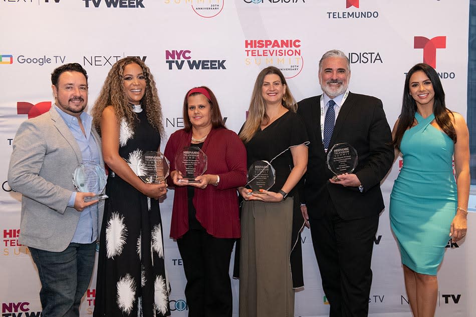 The Hispanic Television Award recipients for 2022 (from l.): Juanjo Duran, Google; Sunny Hostin of ABC’s ‘The View;’ Maribel Ramos-Weiner, Prodú; Marina Filippelli, Orci; José E. Vélez-Silva, Comcast; and awards host Ana Jurka.