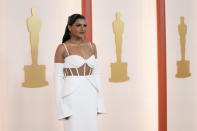 Mindy Kaling arrives at the Oscars on Sunday, March 12, 2023, at the Dolby Theatre in Los Angeles. (AP Photo/Ashley Landis)