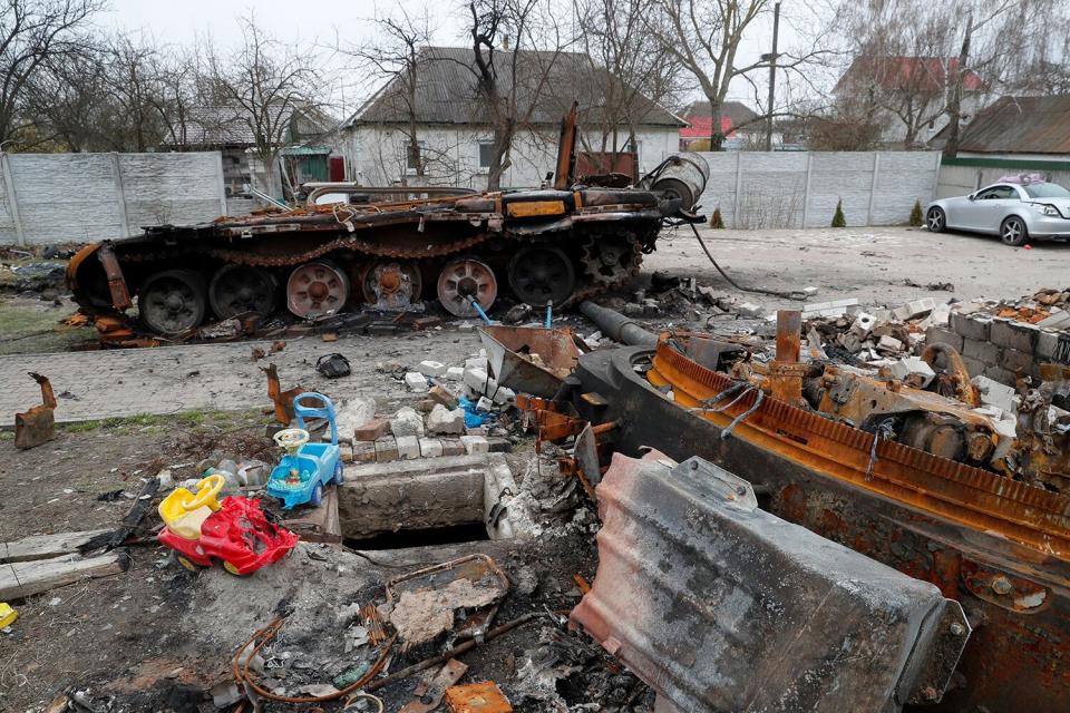 Debris of a destroyed Russian tank