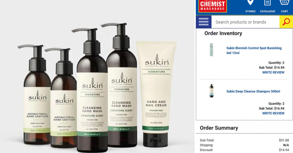 Sukin products; Chemist Warehouse order page