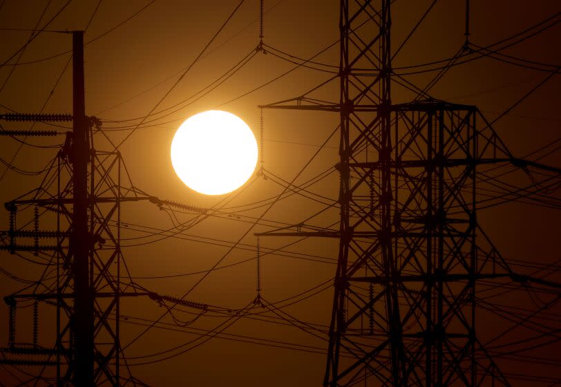 A blazing sun silhouettes power lines inLong Beach Saturday.