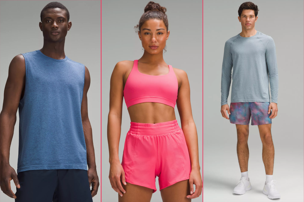 lululemon model wearing blue tank top, lululemon pink sports bra and pink shorts, blue long-sleeve shirt from lululemon, It’s time to update your summer workout wardrobe with easy, breezy staples from lululemon (photos via lululemon).