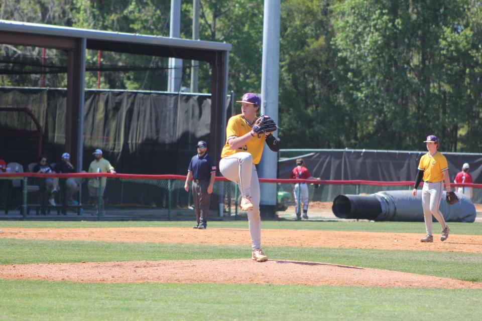 Calvary Day sophomore Quinn Johnson on the mound in a win at Savannah Christian on March 29, 2024.