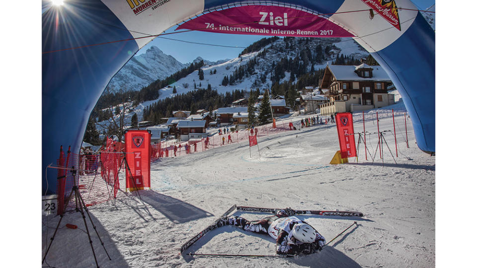 An exhausted skier at the Inferno finish line 