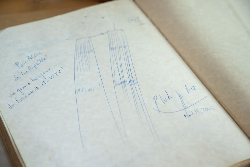 Philippe Petit’s entry in the guest book at La Ripaille. The French highwire artist walked between the Twin Towers of the World Trade Center in 1974. Michael Nagle