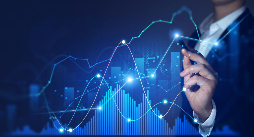 Growth graph and investment analysis. Presentation financial marketing graph on development and profit stock market.Concept of business growth, profit, development and success