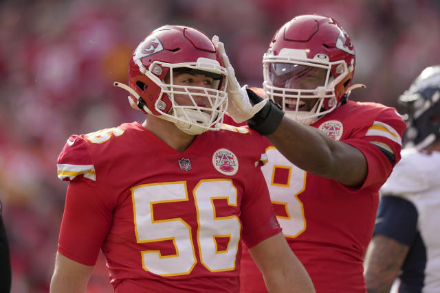 Kansas City Chiefs running back Isiah Pacheco celebrates with fans after a  win against the Jacksonville Jaguars during an NFL Divisional Playoff  football game Saturday, Jan. 21, 2023, in Kansas City, Mo. (