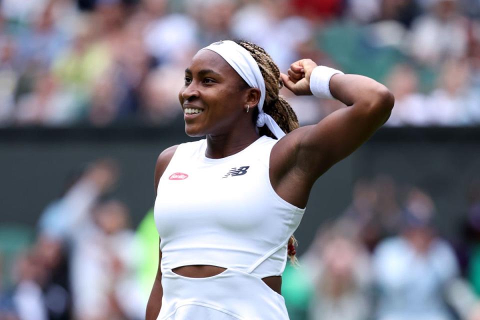 Gauff celebrates during her first-round over Caroline Dolehide (Getty Images)