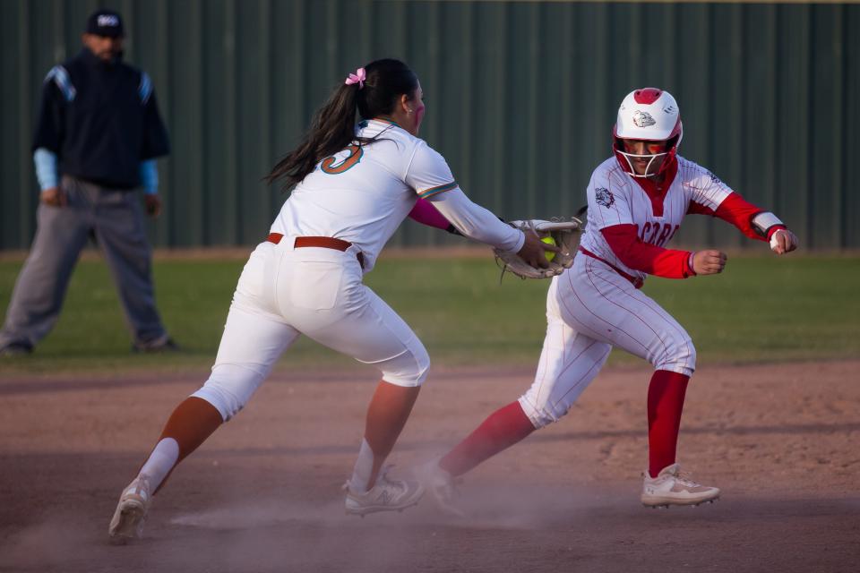 Pebble Hills’ Ciana Quinones (15) makes an out at a softball game against Socorro High School Tuesday, April 9, 2024, at Pebble Hills High School, in El Paso, TX.