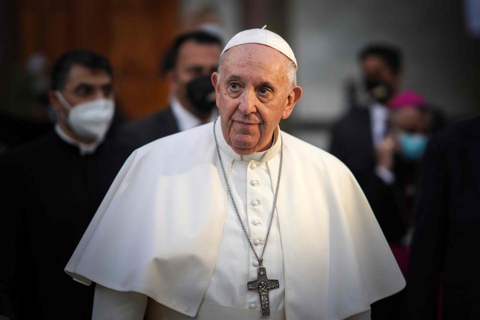 <p>Pope Francis leaves the Syriac Catholic Cathedral of Our Lady of Salvation (Sayidat al-Najat) in Baghdad</p> (AFP via Getty IMages)