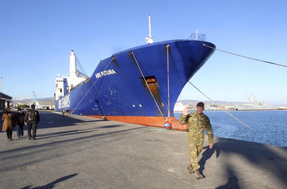 One of two cargo ships intended to take part in a Danish-Norwegian mission to transport chemical agents out of Syria docks in Limassol, December 14, 2013. A Danish-led task force was being readied in Cyprus on Saturday to remove the first part of Syria's deadly chemical stockpile, due before the end of this year. Under a deal worked out between the United States and Russia, Syria will relinquish control of deadly toxins which can be used to make sarin, VX gas and other lethal agents. Denmark and Norway plan to use two cargo vessels to transport the cargo out of the Syrian port city of Latakia, escorted by two frigates of their respective navies, and deliver it to the Organisation for the Prohibition of Chemical Weapons (OPCW) for destruction. REUTERS/Andreas Manolis (CYPRUS - Tags: MILITARY POLITICS)