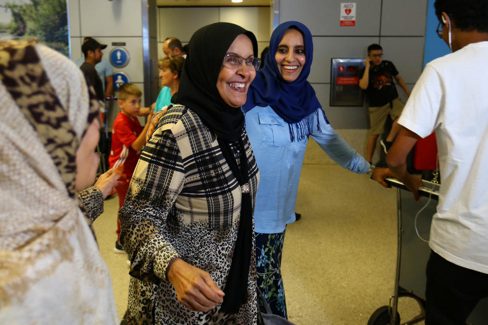 <p>Hanadi Al-Hai (R) welcomes her mother traveling from Jordan on a Yemeni passport following the reinstatement by the U.S. Supreme Court of portions of President Donald Trump’s executive order targeting travelers from six predominantly Muslim countries in Los Angeles, California, U.S., June 29, 2017. (Mike Blake/Reuters) </p>