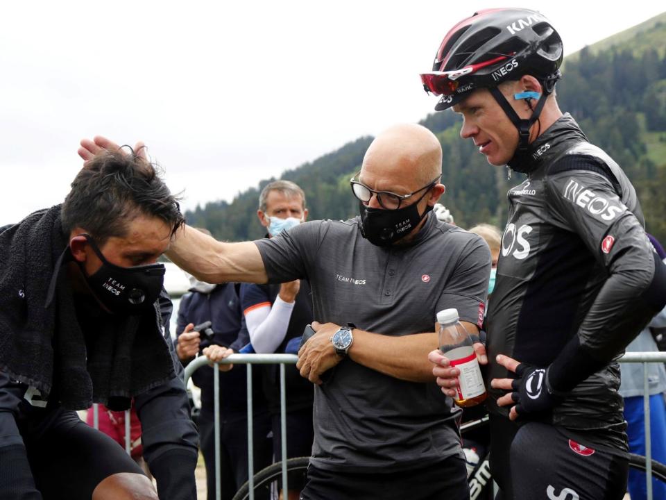Egan Bernal, Dave Brailsford and Chris Froome at La Route d'Occitanie: Getty