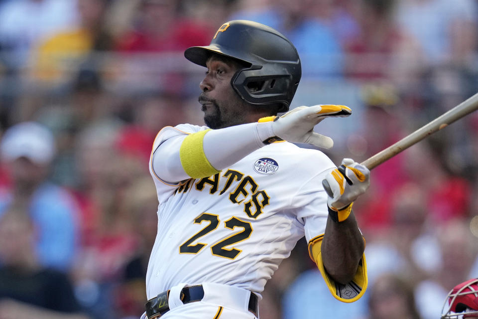 Pittsburgh Pirates' Andrew McCutchen singles off St. Louis Cardinals starting pitcher Jack Flaherty during the first inning of a baseball game in Pittsburgh, Friday, June 2, 2023. (AP Photo/Gene J. Puskar)