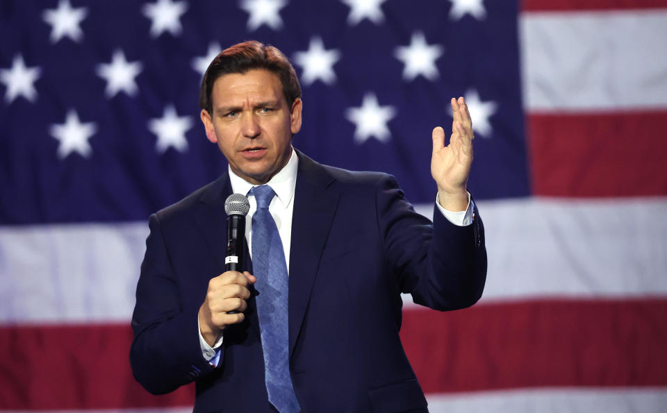 Florida Gov. Ron DeSantis speaks to voters on March 10, 2023 in Des Moines, Iowa. / Credit: Scott Olson / Getty Images