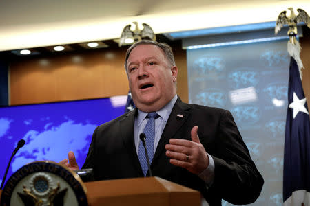 U.S. Secretary of State Mike Pompeo speaks during a news conference at the State Department in Washington, U.S., November 20, 2018. REUTERS/Yuri Gripas