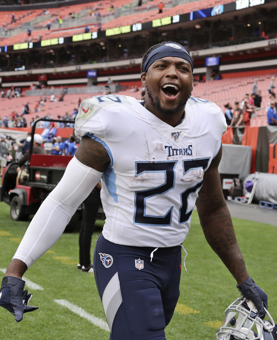 Tennessee Titans running back Derrick Henry celebrates after the Titans defeated the Cleveland Browns 43-13 in an NFL football game, Sunday, Sept. 8, 2019, in Cleveland. (AP Photo/Ron Schwane)