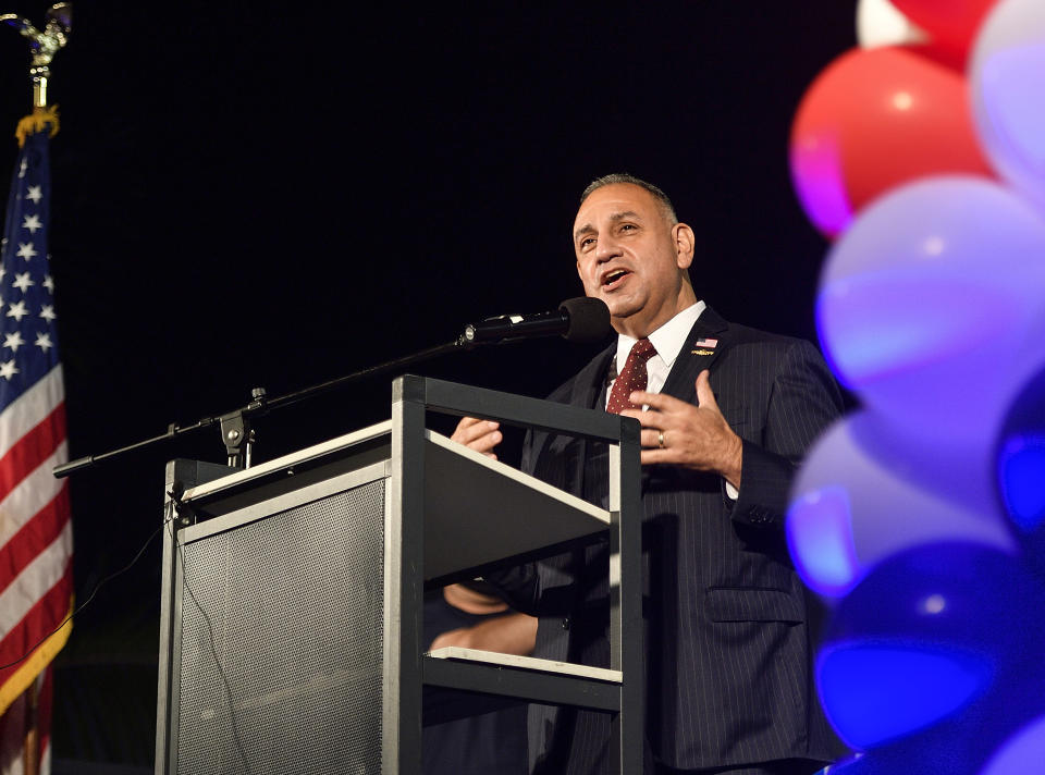 FILE - In this Nov. 3, 2020, file photo, Rep. Gil Cisneros, D-Calif., speaks to supporters during a drive-in rally as election results come in, at UFCW Local 324 headquarters in Buena Park, Calif. Republican Young Kim narrowly defeated Cisneros in a Southern California district the GOP lost two years ago. Kim, a former state legislator, won her rematch with Cisneros and gave Republicans their second House victory over a Democratic incumbent in Orange County this election.(Jeff Gritchen/The Orange County Register via AP, File)