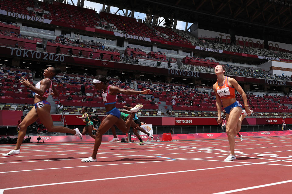 <p>Jasmine Camacho-Quinn of Team Puerto Rico wins the gold medal, Kendra Harrison of Team United States wins the silver medal and Megan Tapper of Team Jamaica wins the bronze medal in the Women's 100m Hurdles Final on day ten of the Tokyo 2020 Olympic Games at Olympic Stadium on August 02, 2021 in Tokyo, Japan. (Photo by Christian Petersen/Getty Images)</p> 